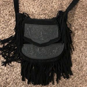 Black all leather fringe handbag purse